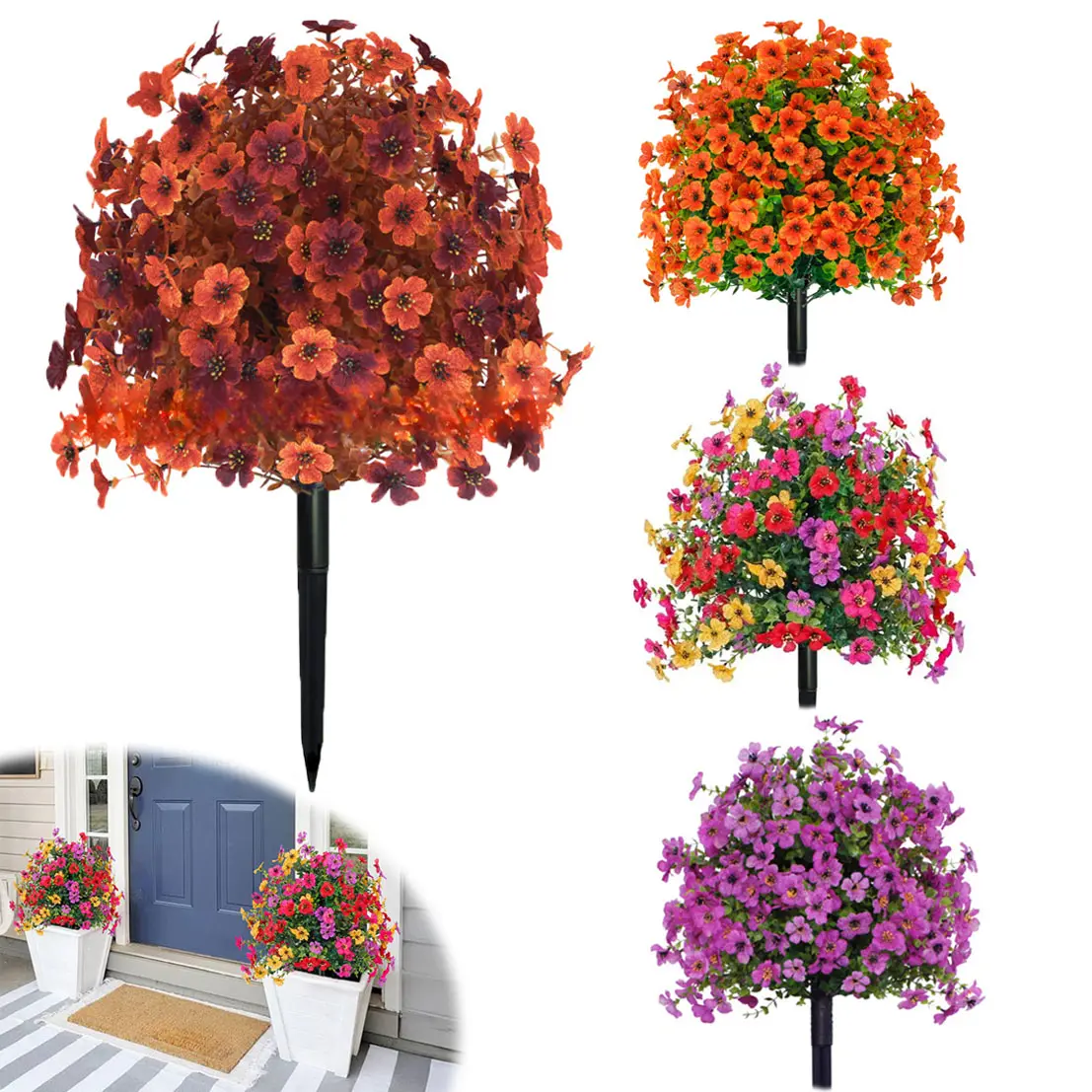 Lightweight Fall Artificial Flower Bouquet for Halloween - Realistic Plastic Violet Bouquet with Eucalyptus Leaves & Boxwood Greenery, UV Resistant Colorful Fake Flowers for Outdoor, Garden, Porch and Patio Decor