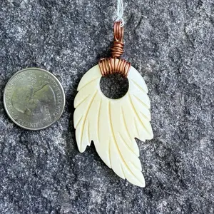Ivory Leaf Pendant with Copper Wire Wrap, Cream Color, Handmade Design, Ideal for Jewelry Making