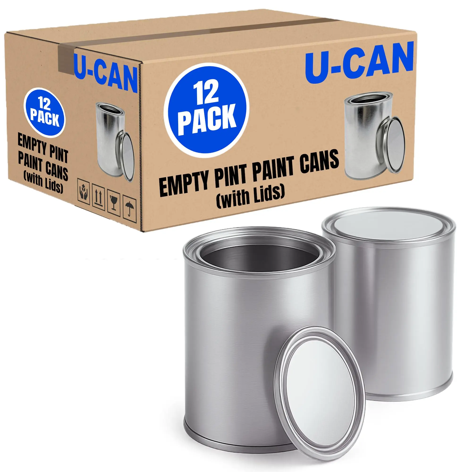 LAUCO 12-Pack 16 oz Round Empty Tin-Plated Steel Metal Paint Cans with Secure Lids, Storage Canister Containers for Paint, Arts and Crafts, Garage & Bedroom Home Supplies