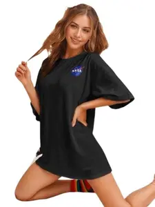 【Plus Size】 Cartoon NASA Print Round Neck Tee, Casual Short Sleeve T-shirt for Summer, Women's Plus Clothing for Daily Wear, Top