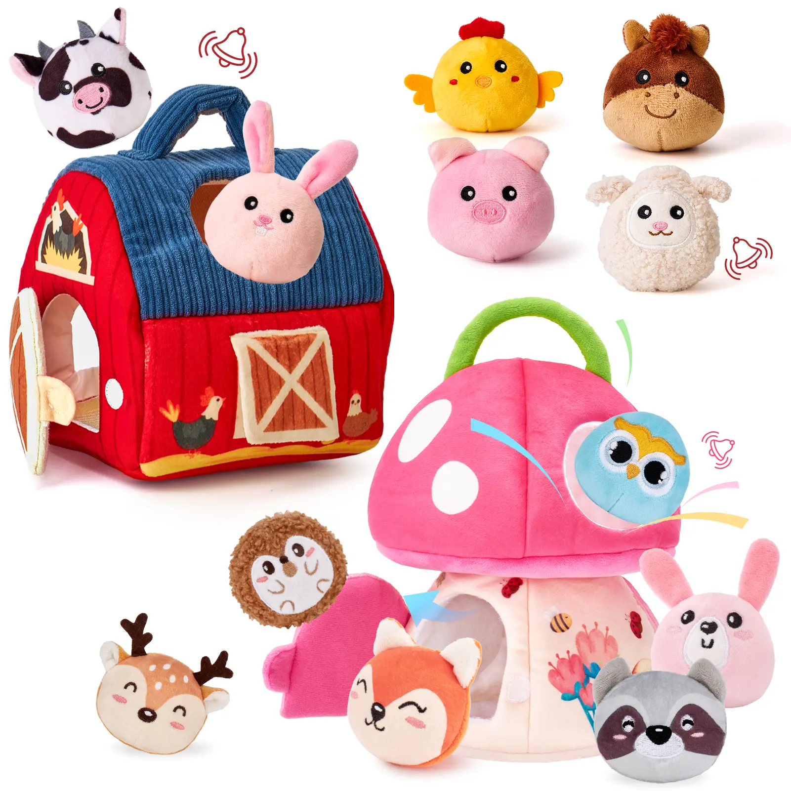 hahaland Cute Sensory Surprise Barn Baby Toy - 6 Plushies & Stuffed Animals, Bunny Mushroom, Rattle, Crinkle Paper, Mirror - Montessori Developmental Travel Sound Baby Items for 0-12 Months Gift, Nursery Use