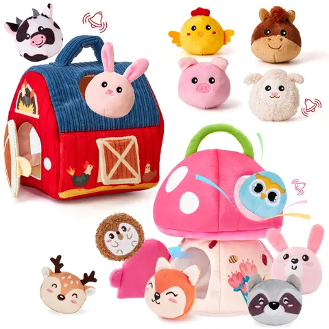 hahaland Cute Cloth Sensory Surprise Barn Baby Toy - 6 Plush Animal Pals, Bunny, Mushroom, Rattle, Crinkle Paper, Mirror - Montessori Developmental Travel Sound Baby Items for 0-12 Month, 6-9 Month Infants (Nursery Gift)