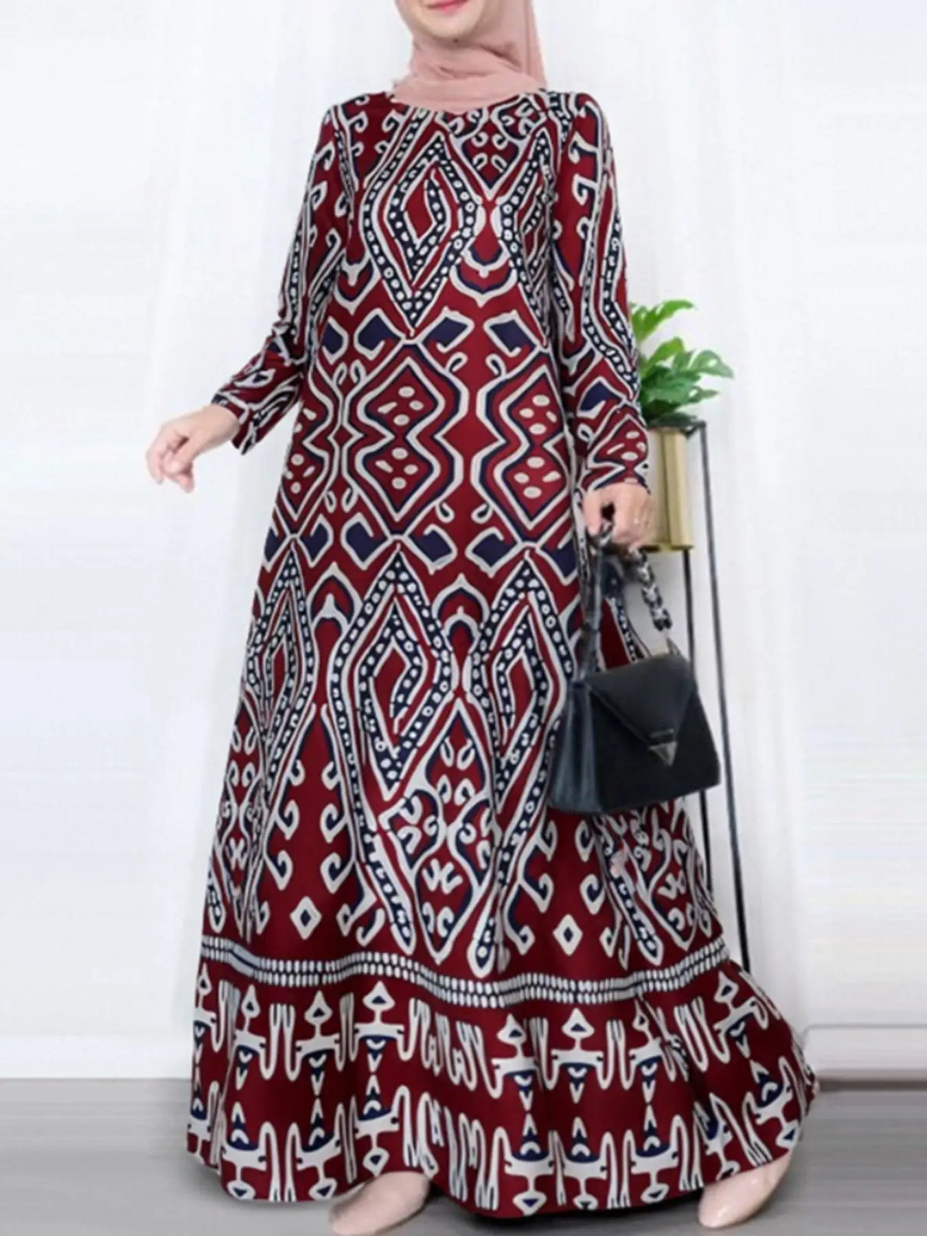 Women's Ethnic Pattern Pocket Arabian Dress, Chic Elegant Dress for Party Club Wear, Thobe, Women's Islamic Clothing for Fall & Winter, Fall Dresses,