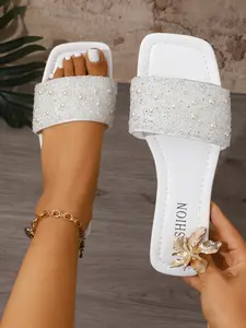 Women's Flat Sandals, Vacation Style, Summer Casual, Versatile Slip-Ons, Rhinestone Decor, Comfortable Women's Shoes, Flats Sandals, Footwear