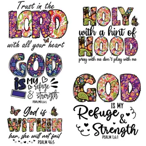 Floral God Letter Design Iron on Patch, 6 Counts/set DIY Clothes Heat Transfer Sticker, Heat Press Sticker for Clothes