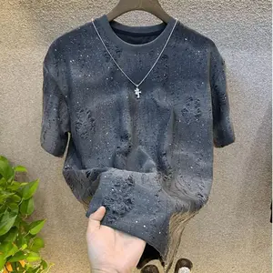 2025 Summer New Style Personalized Comfortable Light Luxury High-end Men's Half-sleeved Sequin Gradient Ripped Round Neck Top -H