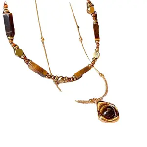 ​"Tiger's Eye Jewelry Set" – Rectangular Pendant Necklace (2-Piece), Maillard Beaded Bracelet & Reversible Earrings