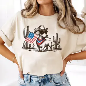 Comfort Colors  4th of July Patriotic Dachshund T-Shirt, Cowboy Dog USA Flag Western T-Shirt, Red White Blue Dog Independence Day Tee