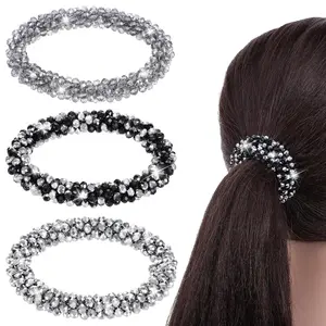 3 Pcs Rhinestone Hair Tie Ponytail Holders Sparkly Beaded Scrunchies Glitter Bling Decorative Hair Bands Elastic Crystal Ponytail Holder for Women Accessories Pretty Fancy Stretchy Ropes Christmas