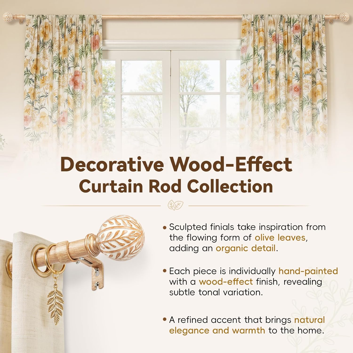 Inovaday Wood Curtain Rods for Windows,1 Inch Heavy Duty Boho Drapery Rods with Imitation Wood Grain Olive Leaf Motif Finials, Rustic Decorative Curtain Pole Set
