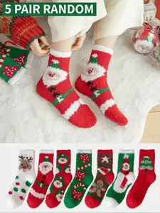 5 Pairs of Randomly Selected Thickened Warm Christmas Stockings Soft and Lint-Free, Coral Fleece Designed for Women Perfect as Christmas Gifts Autumn/Winter Style