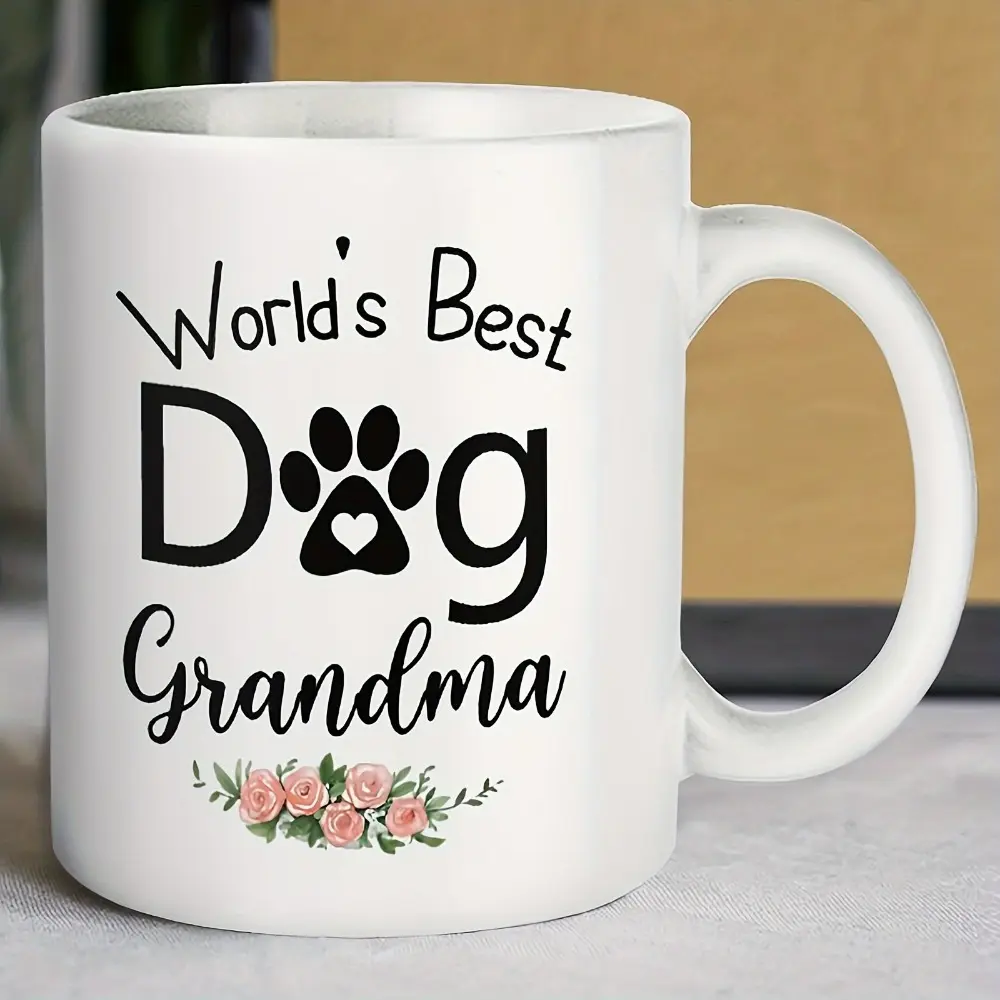 Funny Dog Ceramic Thermal Cup - 1pc, 11oz Insulated Drinkware with Paw Print, Floral Accents, Hand Wash Only, World's Best Dog Grandma Pet Lover Gift