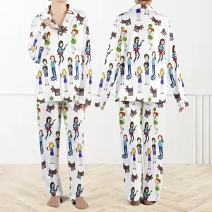 Unwind Studio Stranger Characters Pajama Set For Women Quirky Button Up Sleepwear Fun Cartoon Loungewear Unique Gift For Fans Of Strange Stories 100% Polyester Herringbone Satin Lightweight Breathable Ultra Soft - Fit