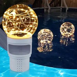 Pool Chlorine Floater with Solar Ball Light, Floating Chlorine Dispenser for 3'' Chlorine Tablets, Chlorine Tablet Floater Chemical Dispenser Easy Opening, Bromine Tablet Holder for Pool, Spa