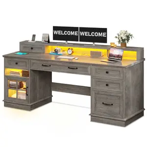 Executive LED Gaming Desk with Monitor Stand Grey