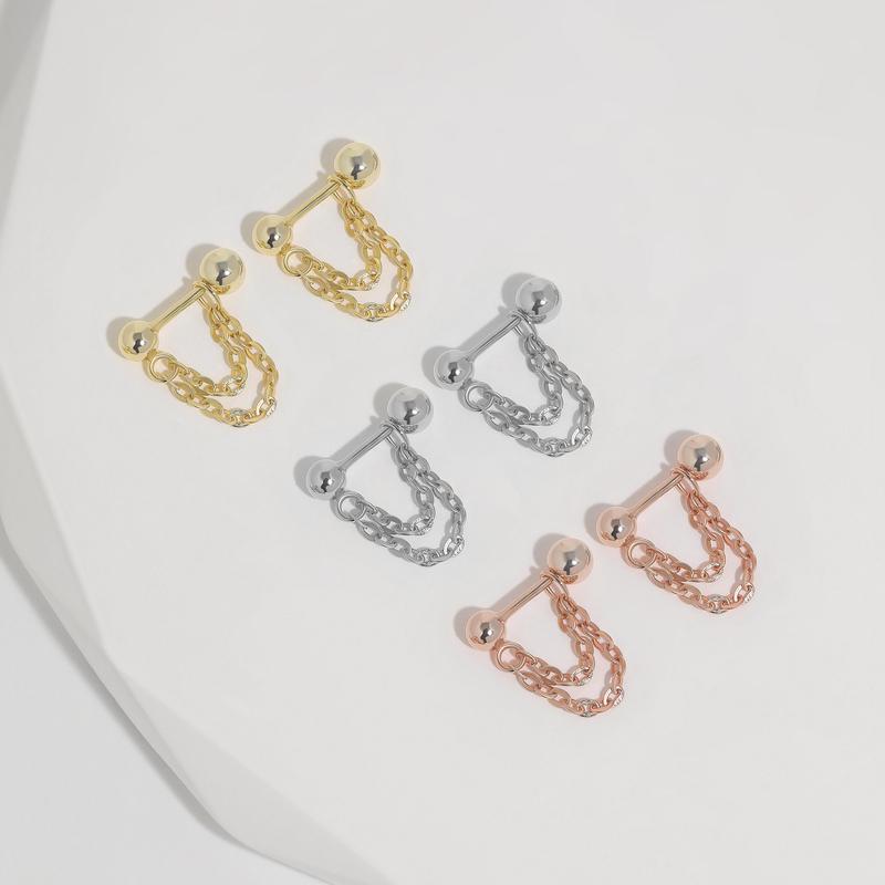 Double Chain Screw Back Earrings, S925 Silver & Gold & Rose Gold Dainty Double Two Chain Link Dangle 20g Studs Cartilage Earrings Multi Piercings Stackable Hypoallergenic Comfort Sleep On Minimalist Everyday Jewelry Gift for Her Women Christmas Birthday