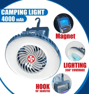 Camping fan with LED lights, dual-purpose camping lamp, 3-speed adjustable cooling fan and dimmable LED lights, hook design, ultra-bright and durable, 4 blades, USB rechargeable, suitable for garage, garden, camping, fishing and other scenarios