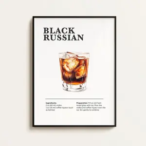 Black Russian Cocktail Poster, Recipe, Cocktail Print, Bar, Kitchen Art, Cocktail Lover Gift, Cocktail Wall Art Gift, Unframe