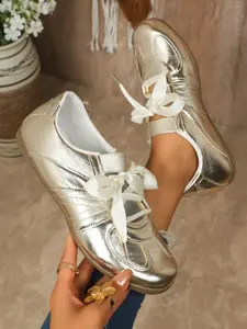 Women's Luxury Ribbon Metal Low Top Shoes, Shiny Fashion Casual Sneakers, Stylish Comfortable Footwear for Daily Wear, Walking Shoes