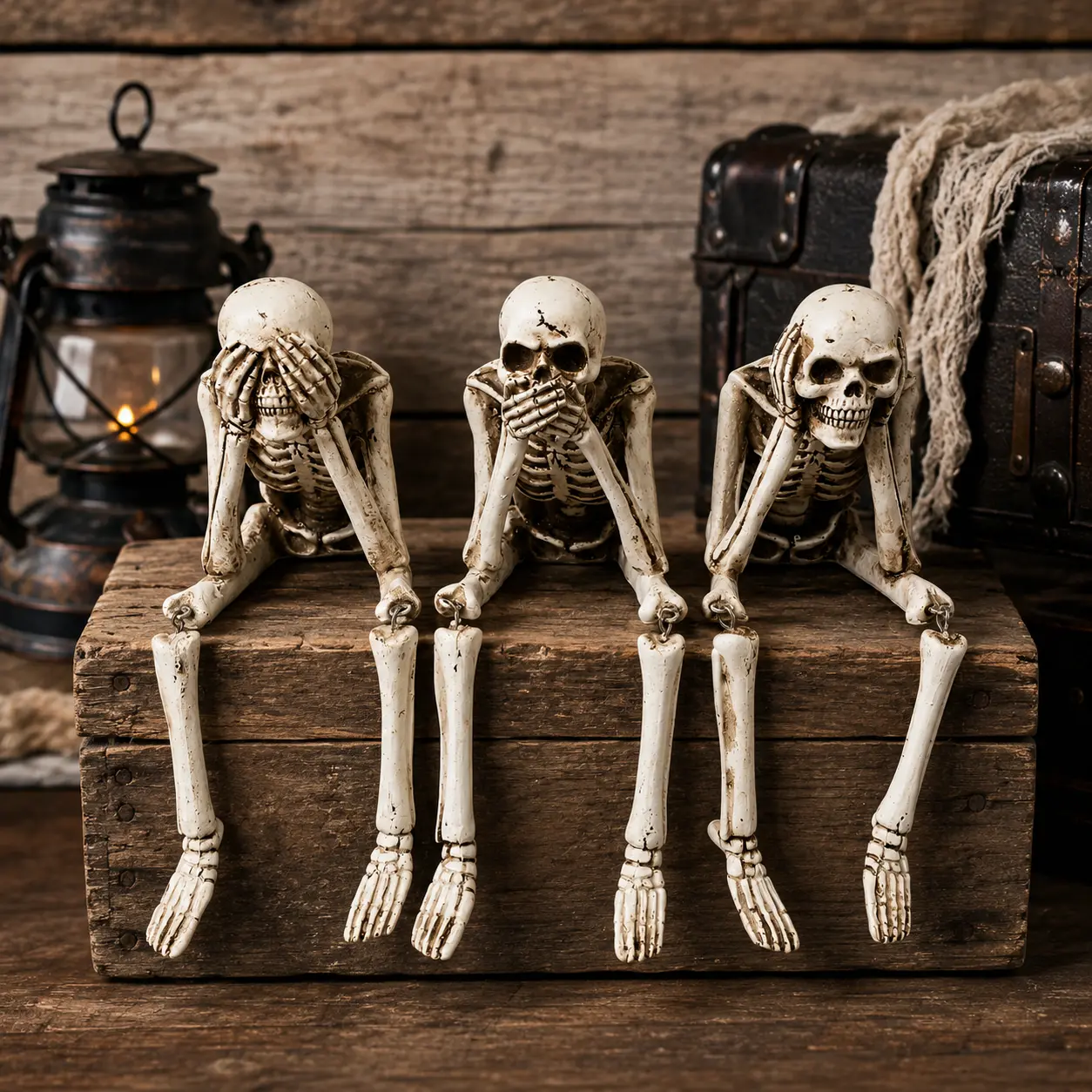 Three Wise Skeleton Statue with Hanging Legs | Gothic Shelf Decor | Ghost Decor | Funny Halloween Desk Ornament | Spooky Room Decor | Room Stuff for Men | Apartment Accessories | Resin Home Decor Gift | Christmas Gift Idea Spooky