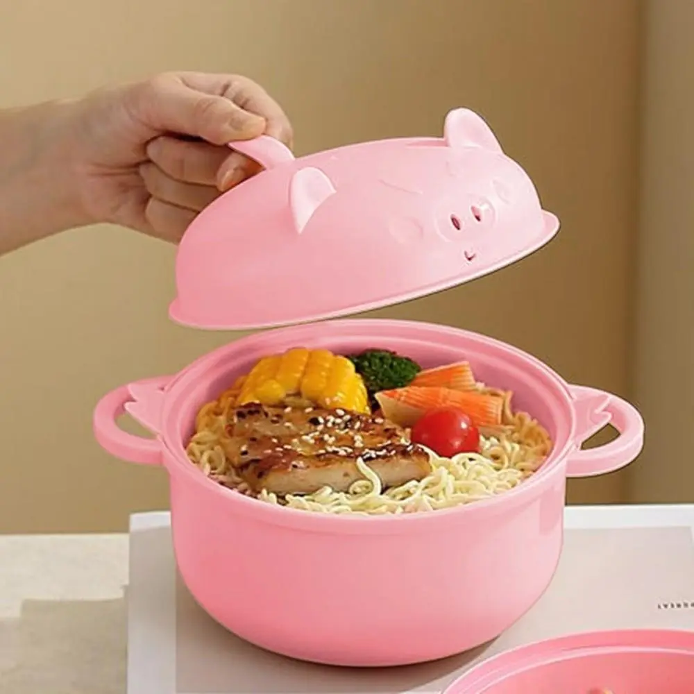 Straw-Based Wheat Straw Bowl Set - Large Noodle Tableware with Lid, Strainer, Spoon, Chopsticks, Fork, Microwave-Safe for Dorm Kitchen, Household Use (Blush Pink)