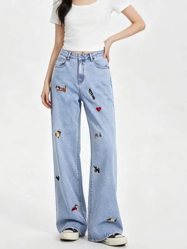 Unisex Wide Leg Denim Pants with Fade-Resistant Dachshund Digital Print & Heart Graphic, Below the Ankle Streetwear Fit for Cafe Shopping, Cute, Eco Ink, Matching, Casual, Loose, Printed, Jeans, Bottoms, Minimalist, Lightweight, Soft