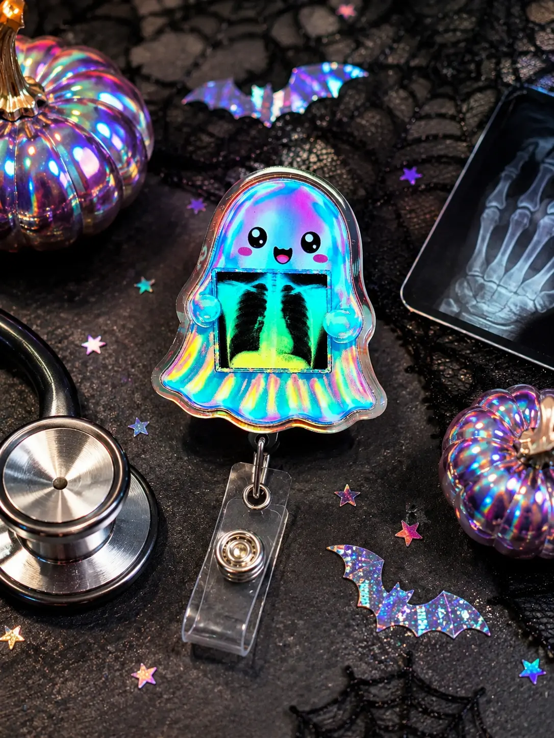 Ghost X-Ray Funny Cute Badge Reel - Holographic Chest Film Acrylic ID Holder, Retractable Clip Medical Badge Holder for Rad Techs Radiology Nurse