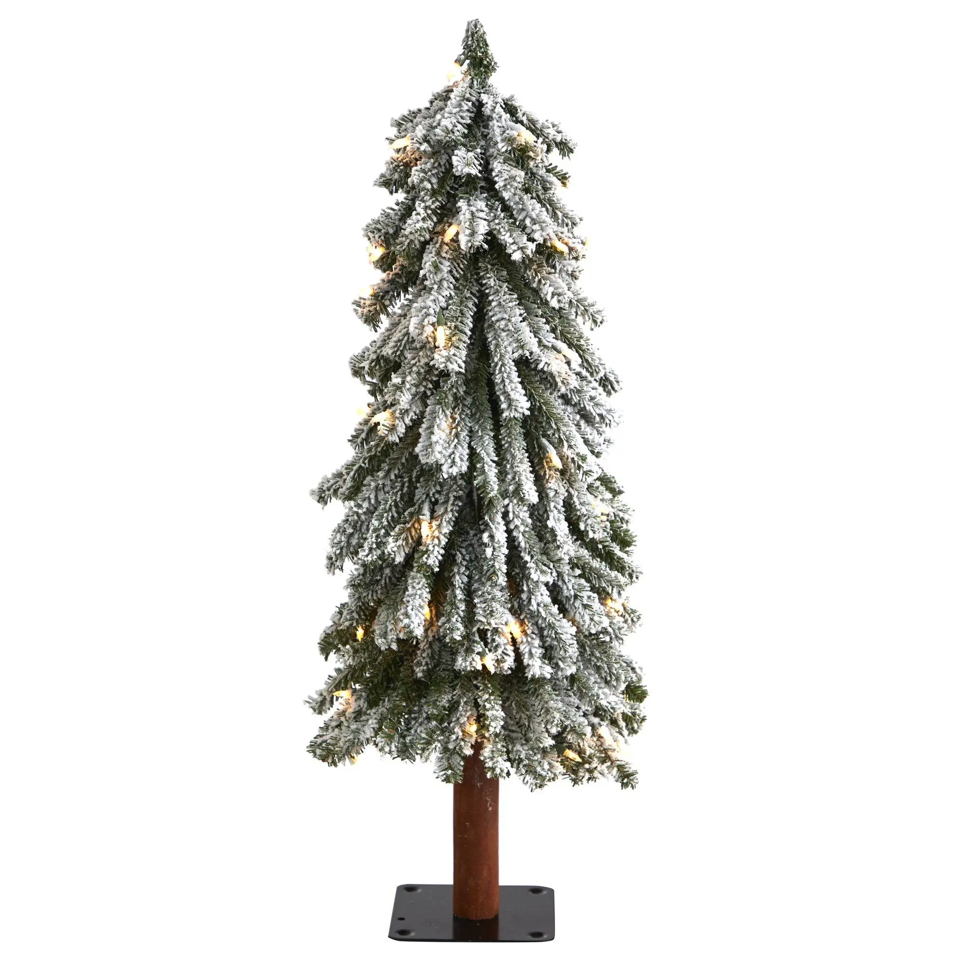 3ft Slim Flocked Grand Alpine Artificial Specialty Tree Decor Set - Pre-Lit LEDs (50), Bendable Branches (193), Metal Natural Trunk, With Stand, Decorative Ornaments for Home Winter Christmas Decorations