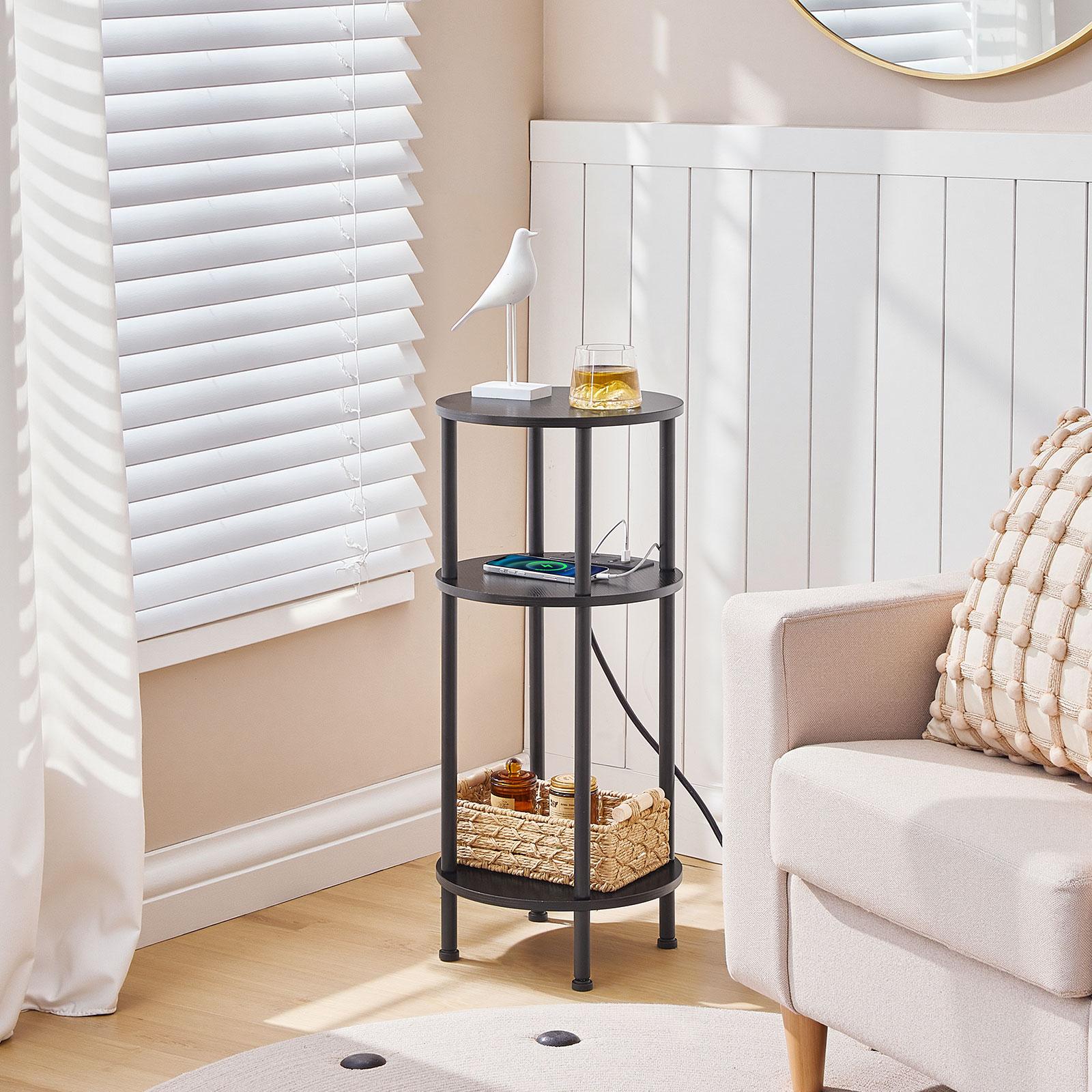 HOOBRO Small Round Side Table, 3-Tier Compact Sofa End Table with Charging Station, Circle Bedside Table Nightstand with Storage, for Small Space, Living Room, Bedroom, Rustic Brown HOOBRO Small Round Side Table, 3-Tier Compact Sofa End Table with Charging Station, Circle Bedside Table Nightstand with Storage, for Small Space, Living Room, Bedroom, Rustic Brown