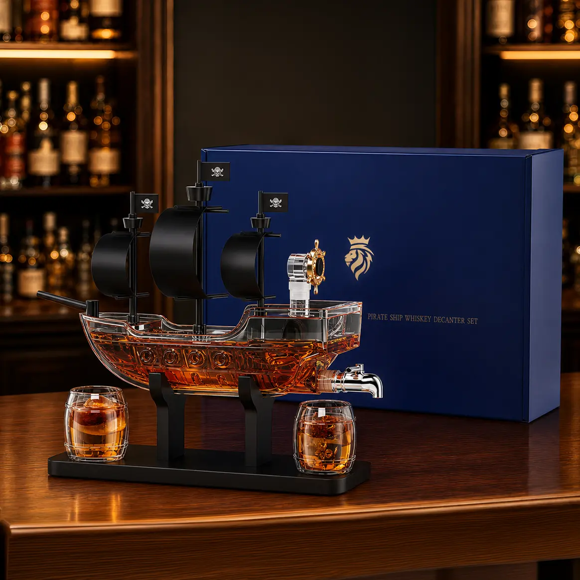 Pirate Ship Whiskey Decanter Set with Luxury Gift Box,Man Cave Bar Accessories,2 Matching Bottles,Present for Men,Dad,Husband,Boyfriend,Home Bar Dispenser,Funny Gifts for Anniversary,Sailor&Captain Enthusiasts,Artisan Glass,No Alcohol Included,sohochic