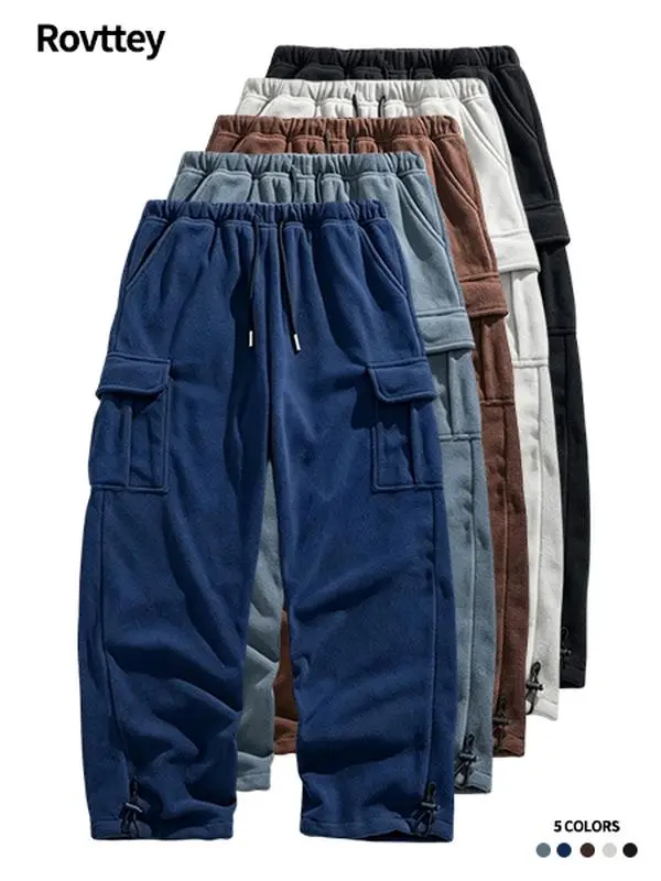 Men's Fleece Cargo Pants Elastic Drawstring Waist Multi‑Pocket Loose Wide Leg Adjustable Cuff Casual Outdoor Trousers