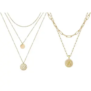 OIDEA Layered Coin Initial Y Necklace Set for Women, K Gold Tone Paperclip Chain Heart Engraved Letter, A-Z Stacked Jewelry