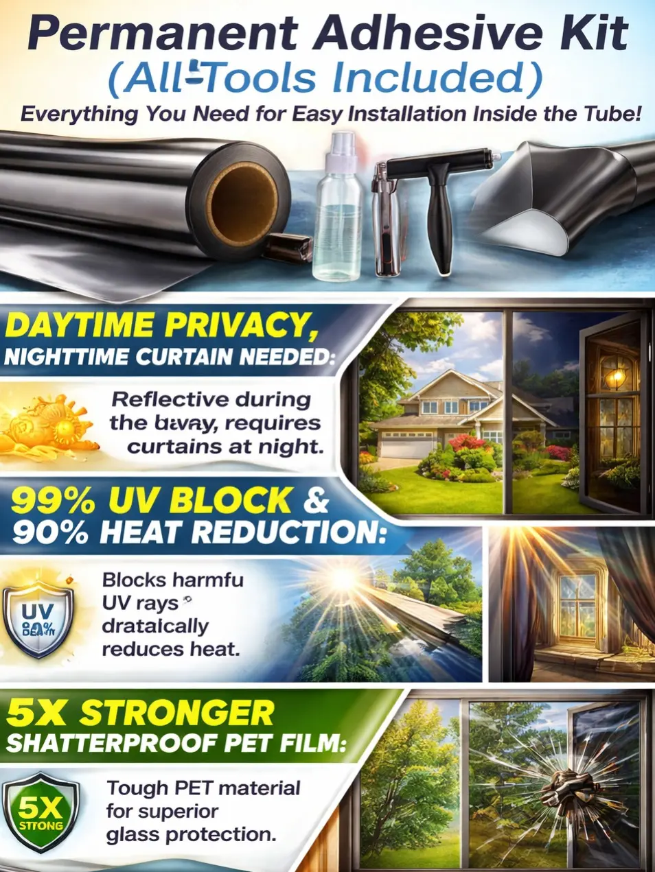 Premium One-Way Mirror Privacy Window Film Kit with Tools, Black Reflective PET Adhesive Tint, Heat Blocking & Shatterproof Film, 17.5 x 78.7 Inch