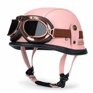 QUICKOOL DOT Approved Pink German-Style Half Helmet with Goggles, Low Profile Open Face Motorcycle Helmet for Women, Scooter & Cruiser Riders