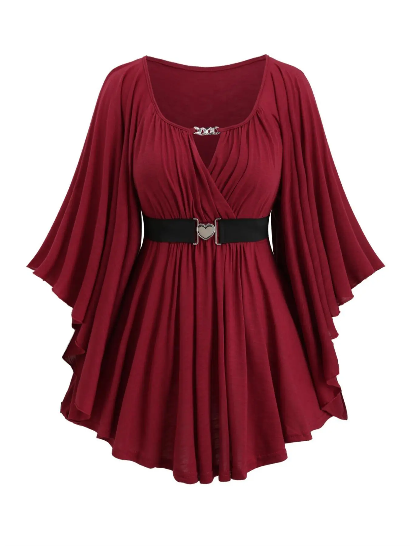 【Plus Size】 Solid Color Cut Out Belted Wrap Tee, Top, Casual Flounce Sleeve Pleated Hem T-shirt for Fall & Winter, Women's Clothes for Daily Wear, Aesthetic, Womenswear