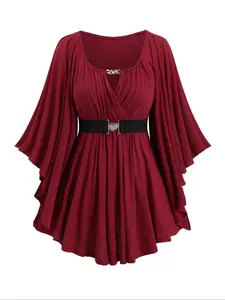 【Plus Size】 Solid Color Cut Out Belted Wrap Tee, Casual Flounce Sleeve Pleated Hem T-shirt for Fall & Winter, Women's Clothes for Daily Wear