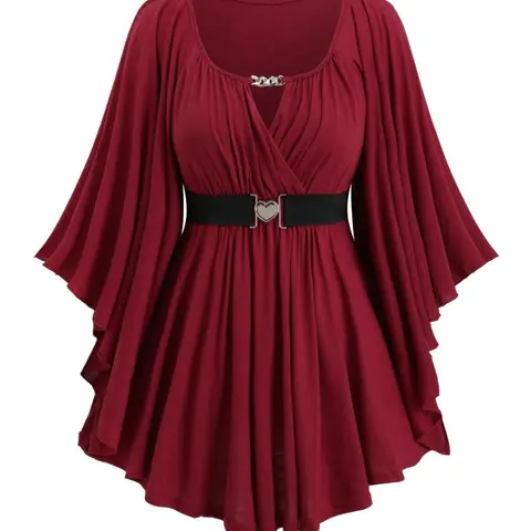 【Plus Size】 Solid Color Cut Out Belted Wrap Tee, Top, Casual Flounce Sleeve Pleated Hem T-shirt for Fall & Winter, Women's Clothes for Daily Wear, Aesthetic, Womenswear, Everyday Wear Tops