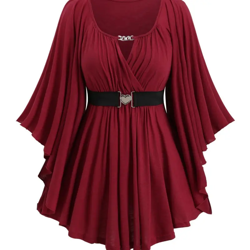 【Plus Size】 Solid Color Cut Out Belted Wrap Tee, Top, Casual Flounce Sleeve Pleated Hem T-shirt for Fall & Winter, Women's Clothes for Daily Wear, Aesthetic, Womenswear, Everyday Wear Tops