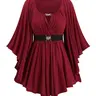 【Plus Size】 Solid Color Cut Out Belted Wrap Tee, Top, Casual Flounce Sleeve Pleated Hem T-shirt for Fall & Winter, Women's Clothes for Daily Wear, Aesthetic, Womenswear, Everyday Wear Tops
