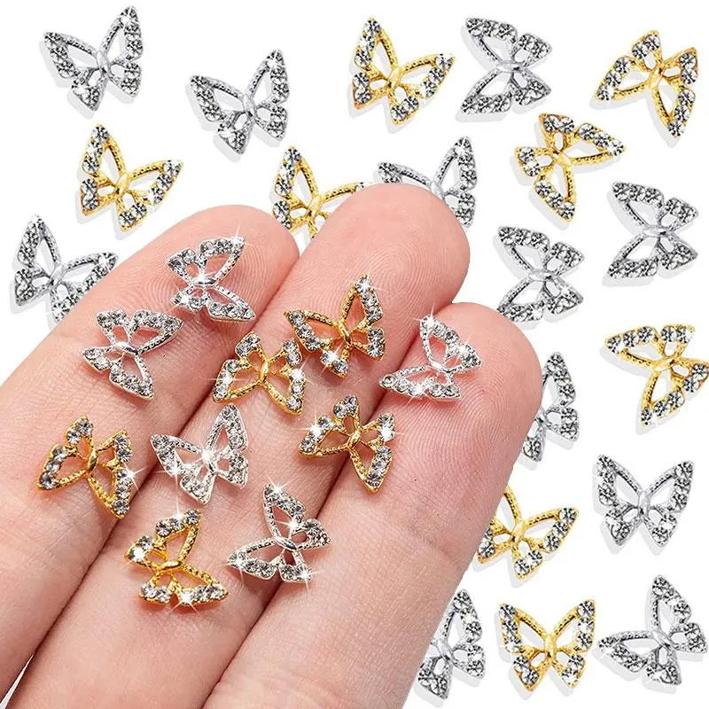 10Pcs 3D Crystal Butterfly Nail Charms Hollow Shape with Rhinestones for DIY Nail Art Decorations 8*8.5mm Shiny Butterfly Gems 9