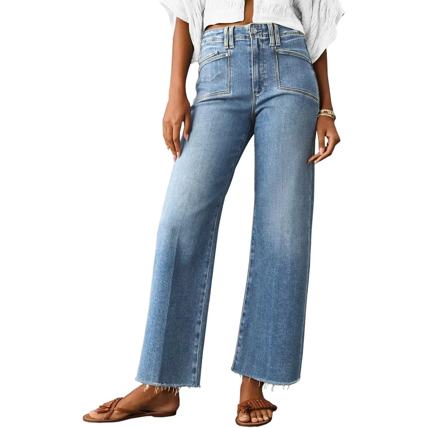 Imily Bela Womens High Waisted Cropped Jeans Trendy Stretchy Baggy Straight Leg Raw Hem Capri Denim Pants