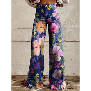 1 Pair Women's Retro High- straight leg jeans Wide-Leg Jeans with Vibrant Floral Print - All-Season Casual Trousers, Machine Washable Denim Pants for Casual Attire  Bottom