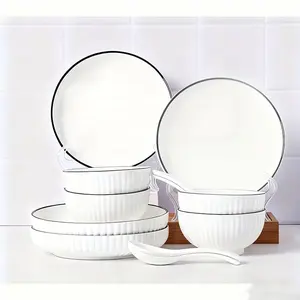 12pcs Japanese Yamada Ceramic Dinnerware Set, Dinnerware Service Set, Dish Sets, Traditional & Underglaze, Dishwasher Safe, Microwaveable, Elegant Tableware