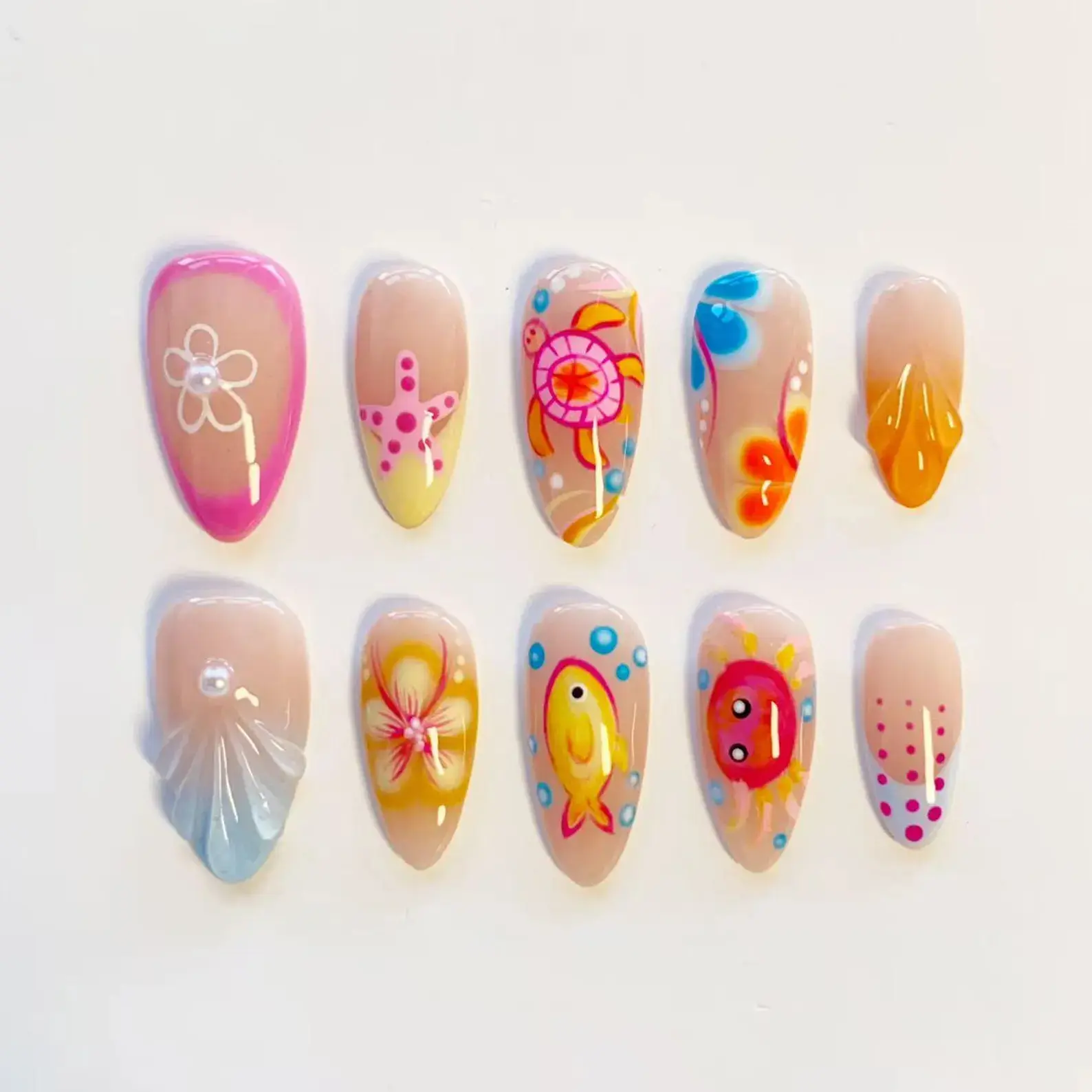 Ocean Sea Turtle Nails/Press On Nails Long Almond Nails/Tropical Fish Nails/Cute Cartoon Beach Nails/Summer Nails/Holiday Nails