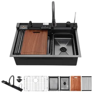 Kichae 30"x19" Waterfall Kitchen Sink with Digital Display Single Bowl Drop In Kitchen Sink 304 Stainless Steel Sink with Pull-Down Faucet,Cup Washer Black Home