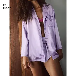 Satin Pajama Set For Women 2 Piece Long Sleeve Button Down Shirts And Elastic Waist Shorts Bridal Pjs Lounge Sets