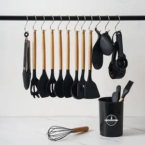 Silicone Kitchen Utensil Set, 20/44pcs/set Non-stick Wooden Handle Kitchen Cooking Utensil Set with Utensil Holder, Summer for Gift