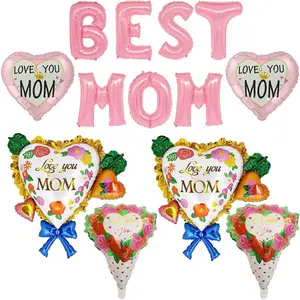 15-Piece Mother's Day Aluminum Foil Balloons Set, 'best Mom' Letter, Heart Print, Perfect for Parties, Decorations, Gifts