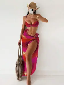 Swim SXY Summer New Women 3pcs Set Ombre Crochet Strapped Spaghetti Strap Bikini Top, Side Tie Swim Bottoms & Beach Cover Up Dress