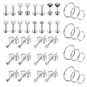 OIDEA Body Piercing Jewelry Set 16G 20G 316L Stainless Steel Cubic Zirconia Rhinestone Diamond Nose Ear Cartilage 40PCS Pack